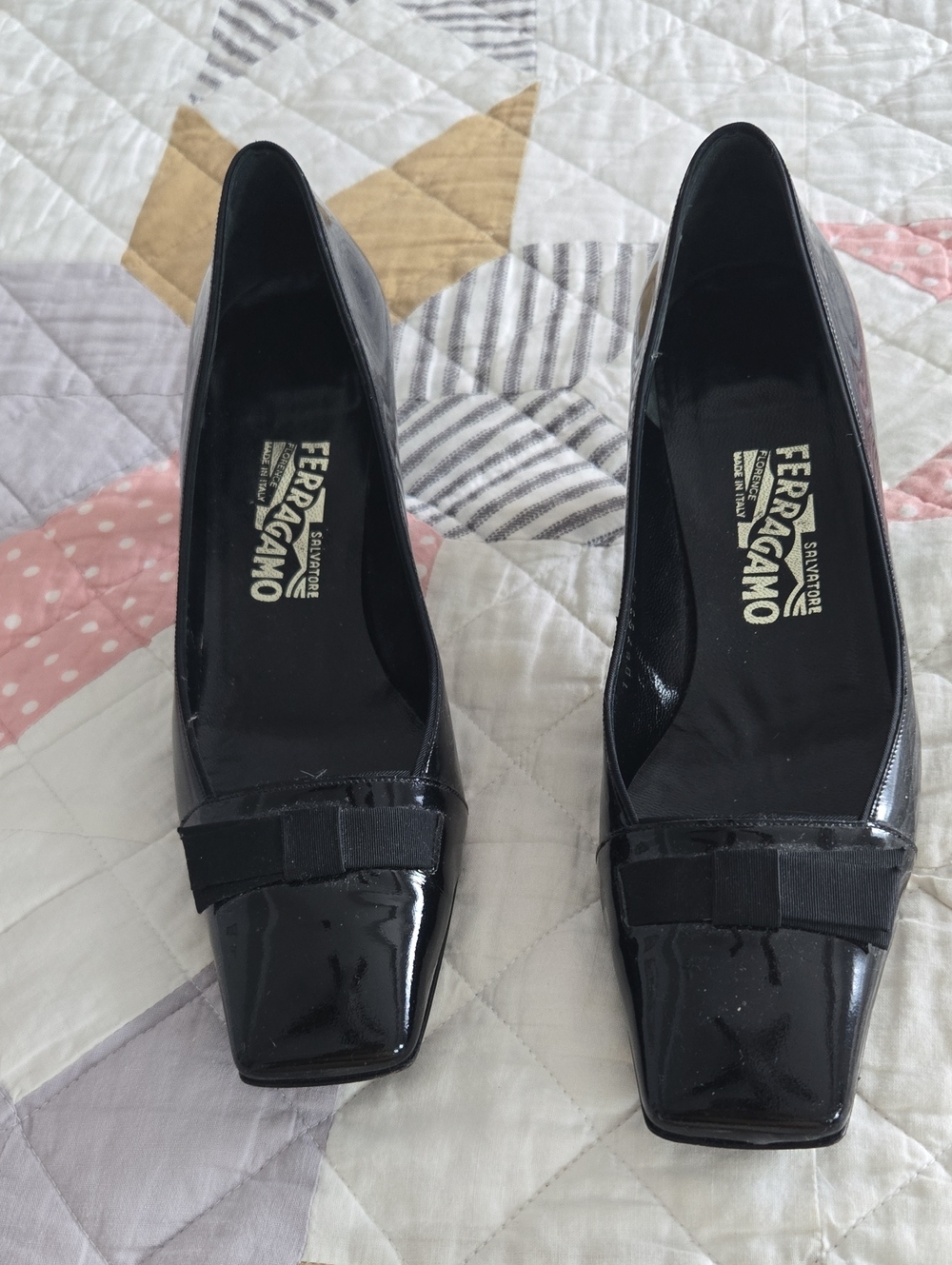 Salvatore Ferragamo Black Patent Leather Square-Toe Pumps with Grosgrain Bow